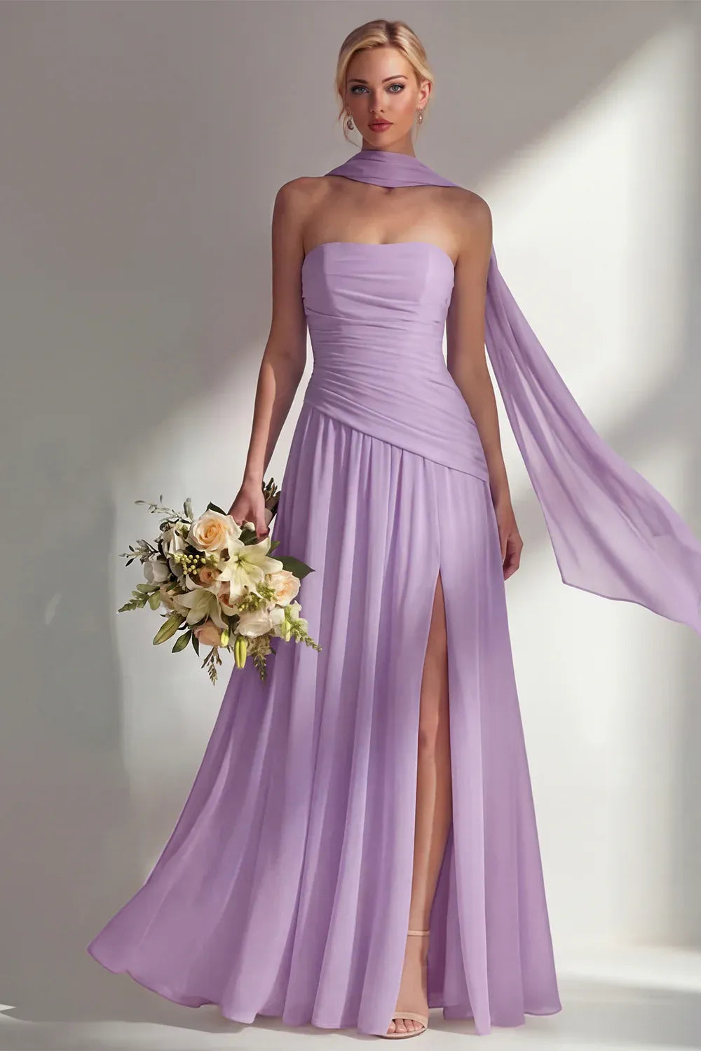 Elegant A-Line Strapless Scarf Sleeve Chiffon Maxi Formal Dress
