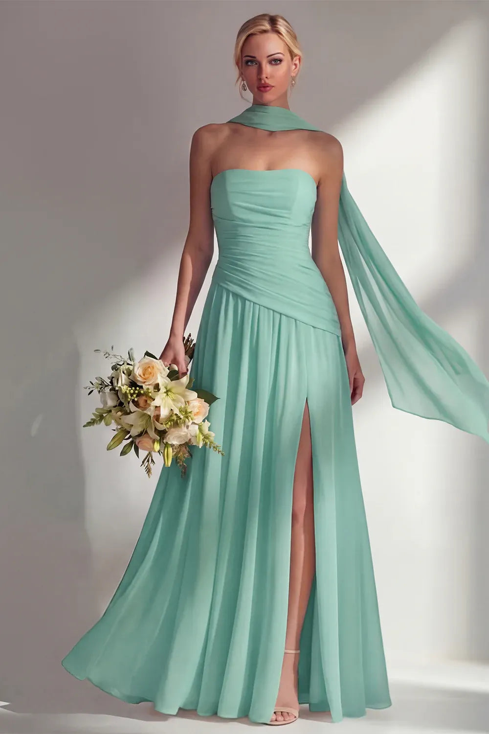 Elegant A-Line Strapless Scarf Sleeve Chiffon Maxi Formal Dress