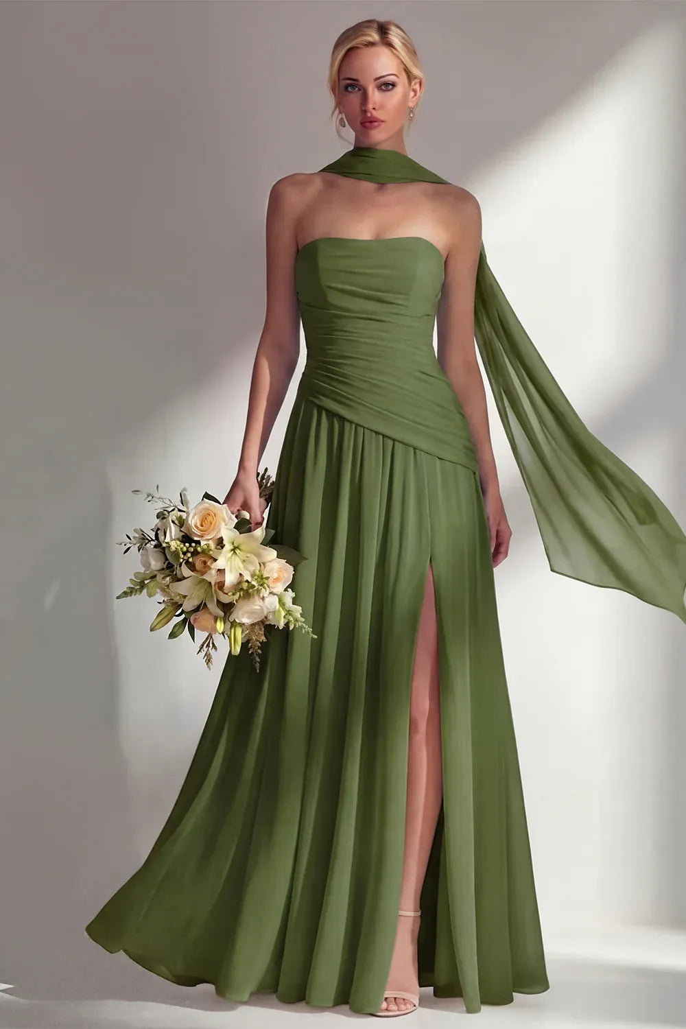 Elegant A-Line Strapless Scarf Sleeve Chiffon Maxi Formal Dress
