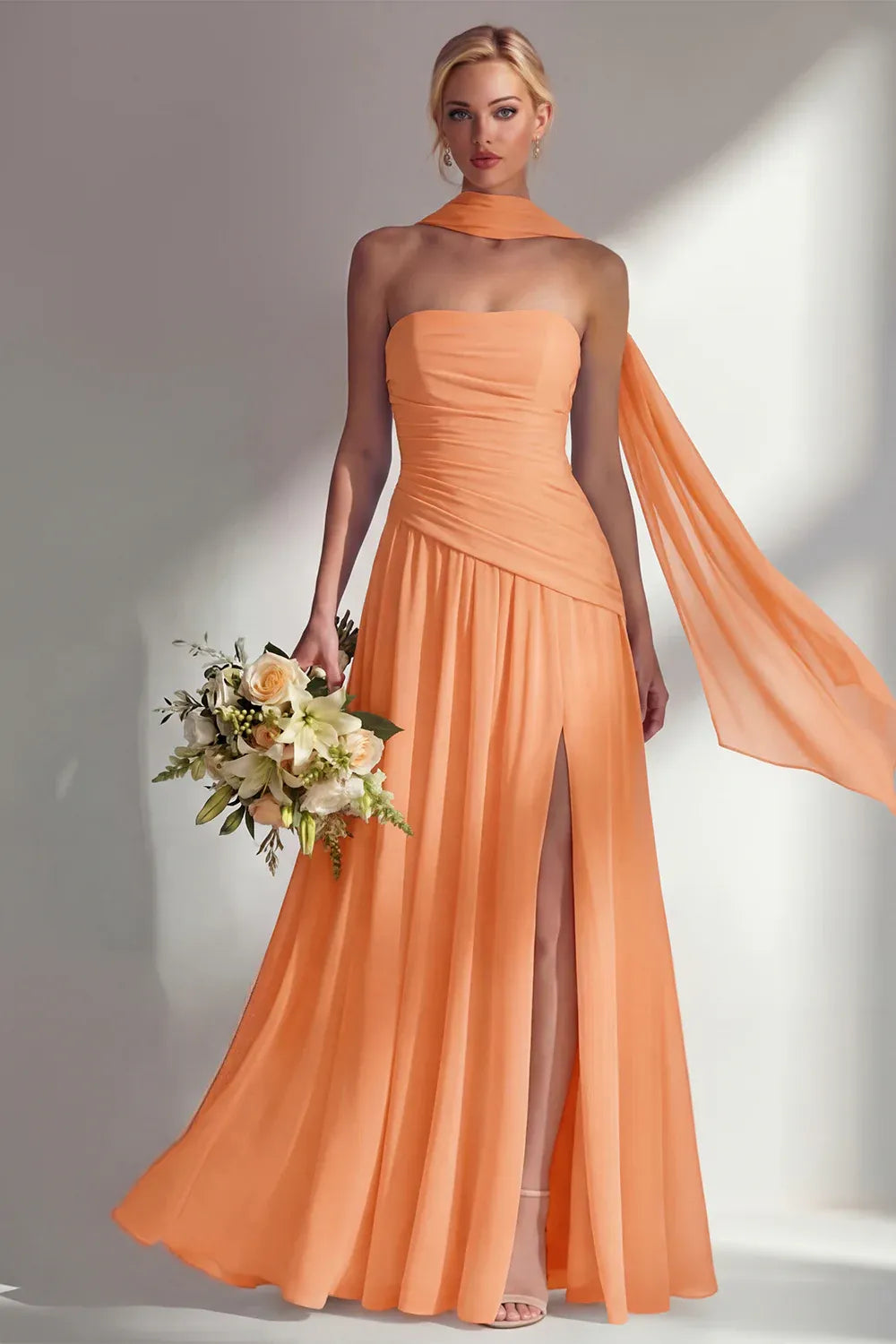 Elegant A-Line Strapless Scarf Sleeve Chiffon Maxi Formal Dress