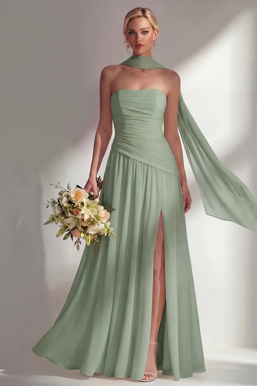 Elegant A-Line Strapless Scarf Sleeve Chiffon Maxi Formal Dress