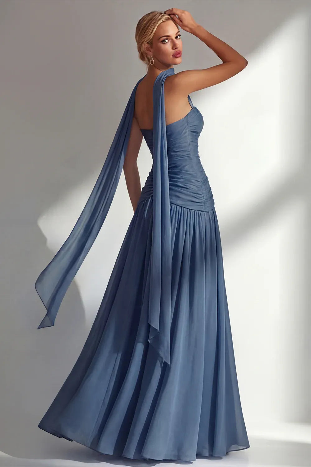 Elegant A-Line Strapless Scarf Sleeve Chiffon Maxi Formal Dress