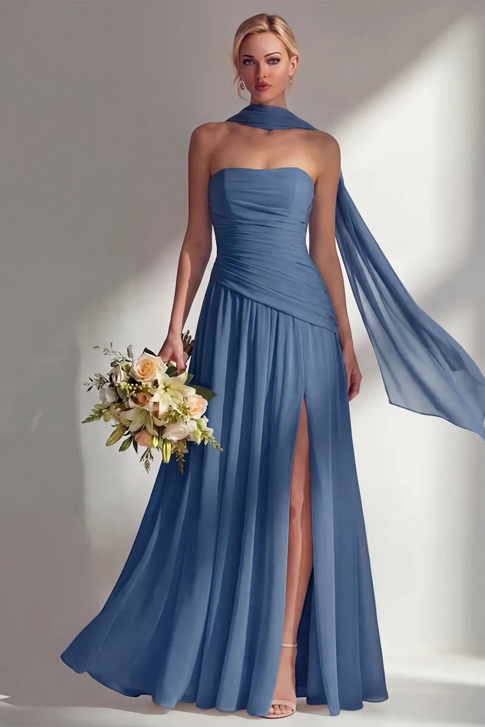 Elegant A-Line Strapless Scarf Sleeve Chiffon Maxi Formal Dress