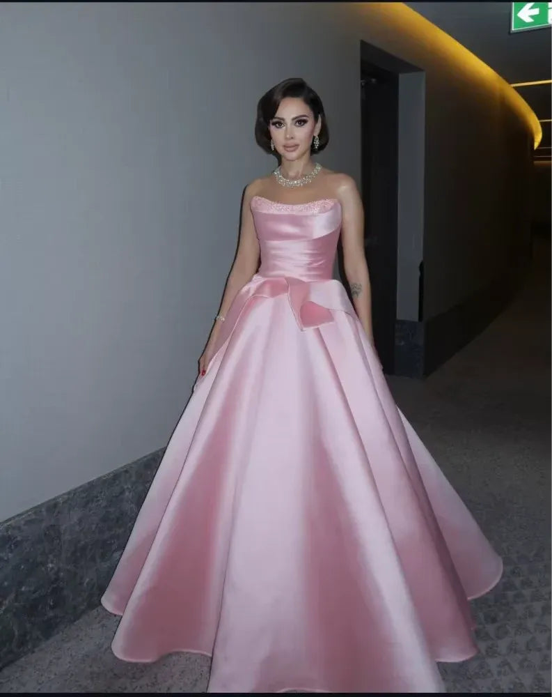 Elegant A-Line Strapless Sleeveless Backless Beaded Ruffle Satin Evening Dress With Train