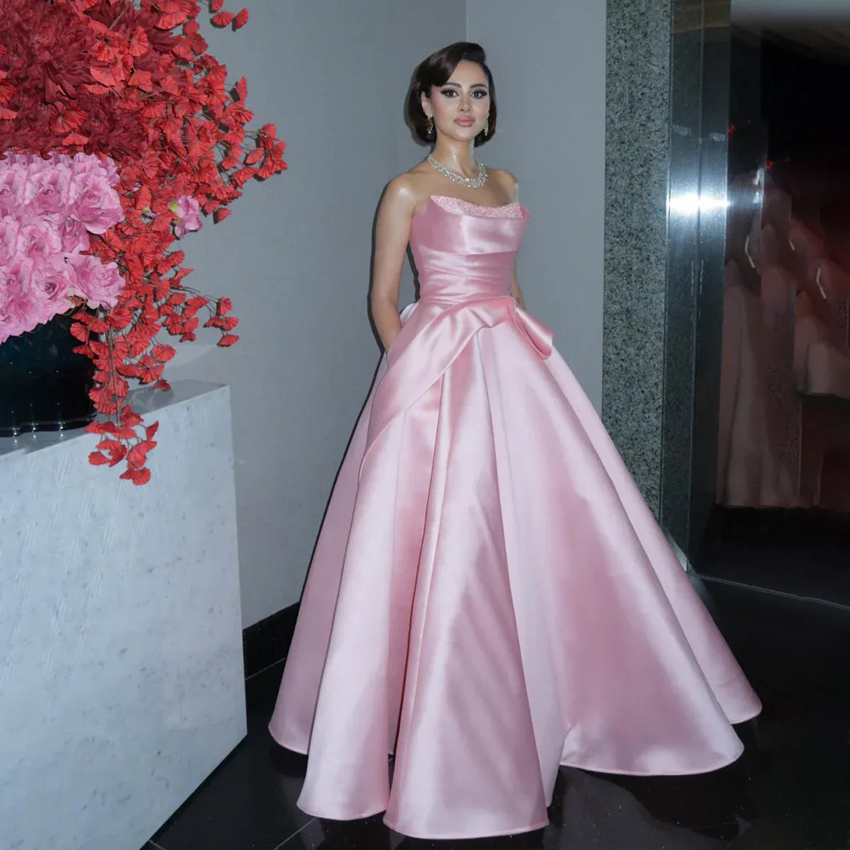 Elegant A-Line Strapless Sleeveless Backless Beaded Ruffle Satin Evening Dress With Train