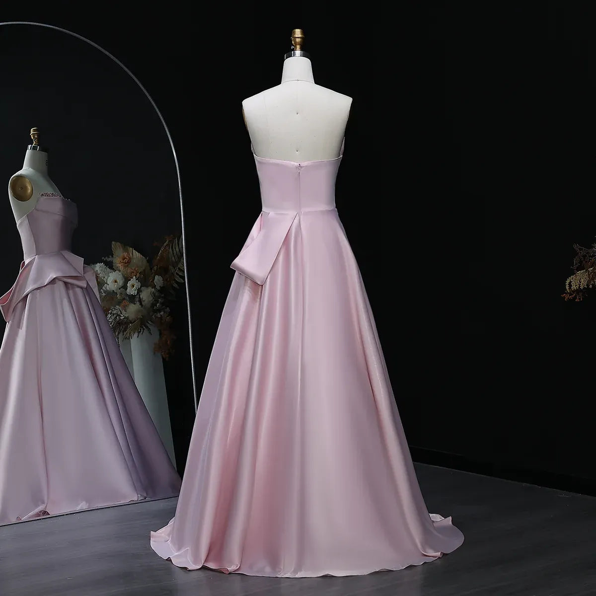 Elegant A-Line Strapless Sleeveless Backless Beaded Ruffle Satin Evening Dress With Train