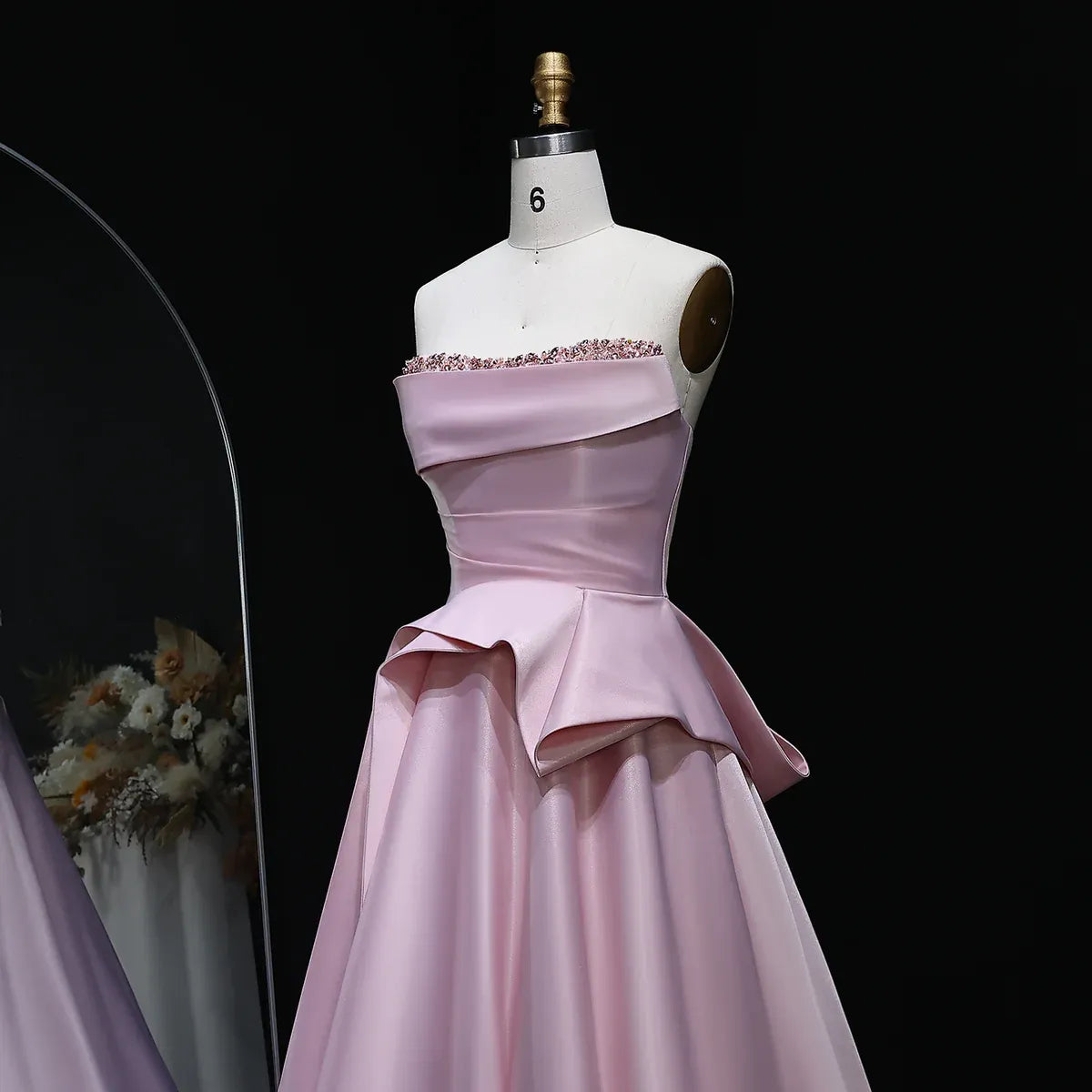 Elegant A-Line Strapless Sleeveless Backless Beaded Ruffle Satin Evening Dress With Train