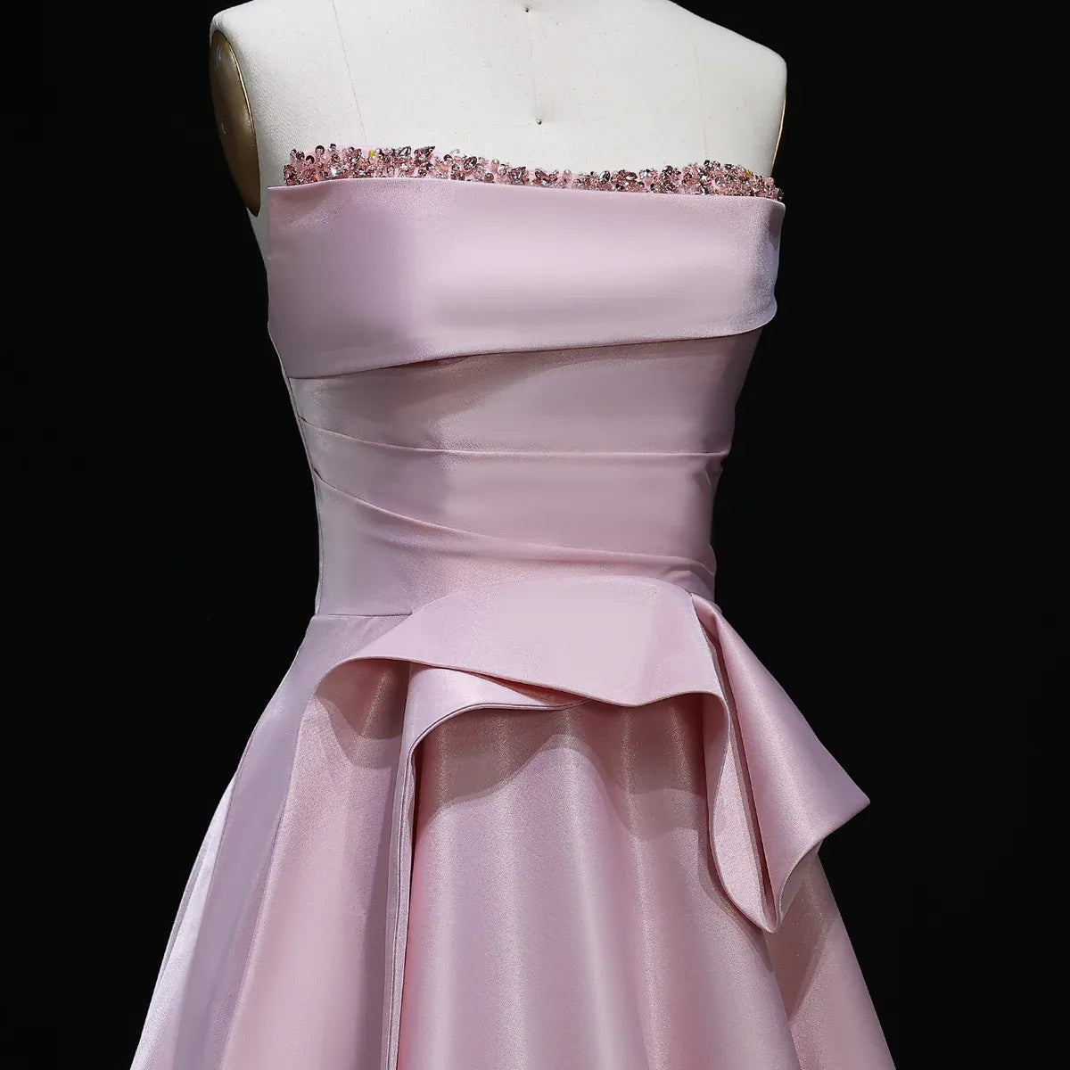 Elegant A-Line Strapless Sleeveless Backless Beaded Ruffle Satin Evening Dress With Train