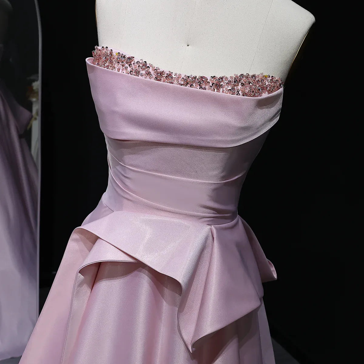 Elegant A-Line Strapless Sleeveless Backless Beaded Ruffle Satin Evening Dress With Train