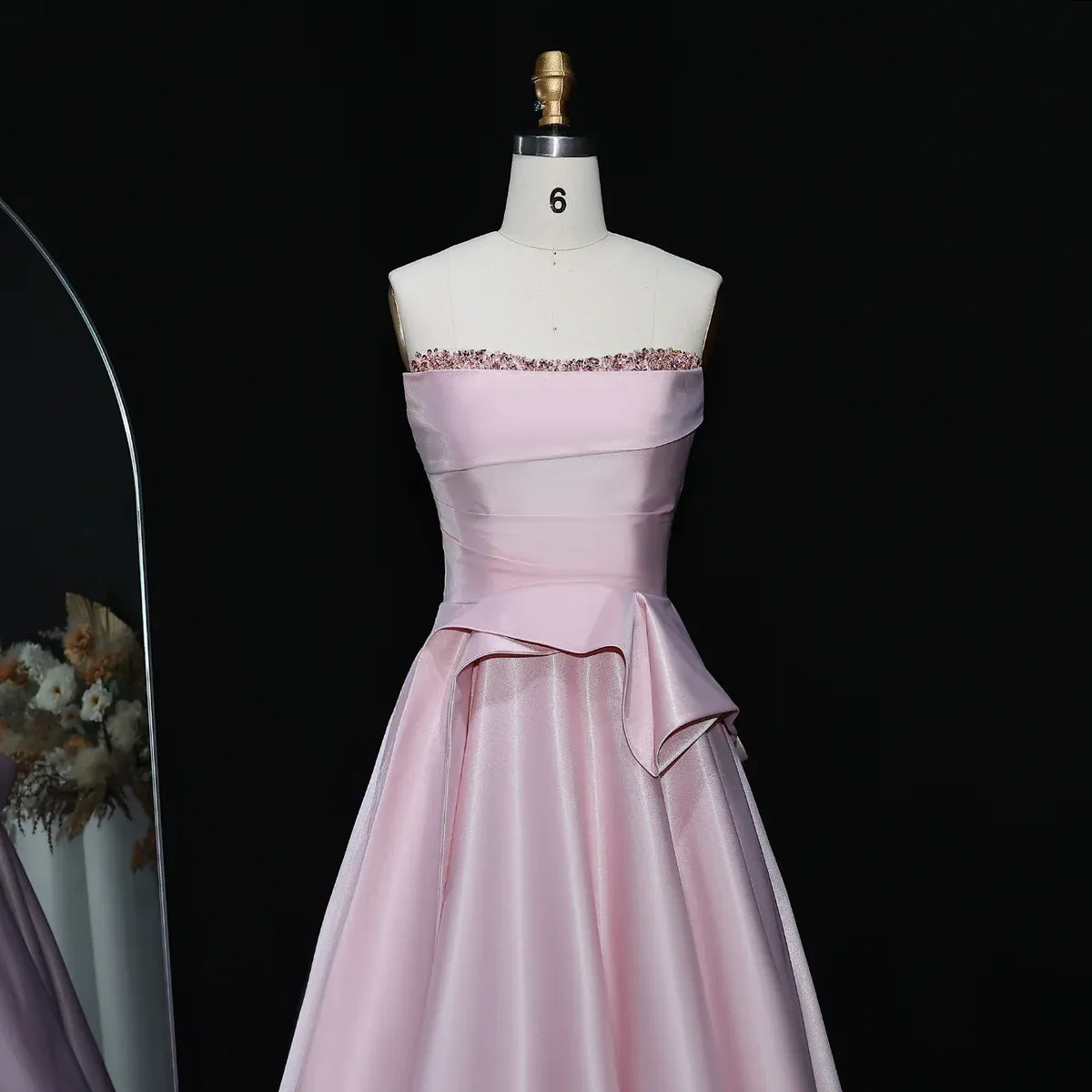 Elegant A-Line Strapless Sleeveless Backless Beaded Ruffle Satin Evening Dress With Train