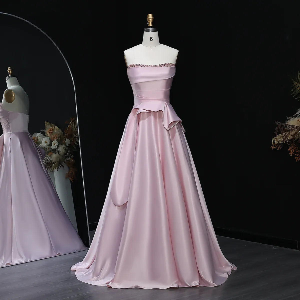 Elegant A-Line Strapless Sleeveless Backless Beaded Ruffle Satin Evening Dress With Train