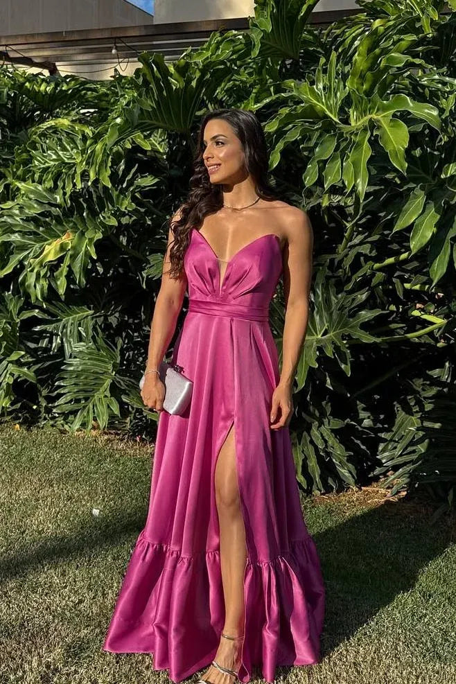 Elegant A-Line Strapless Sweetheart Neck Satin Maxi Dress With Slit & Ruffle Hem