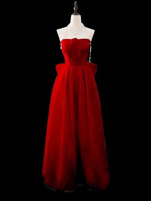 Elegant A-Line Strapless Sweetheart Red Velvet Floor-Length Evening Gown with Statement Bow