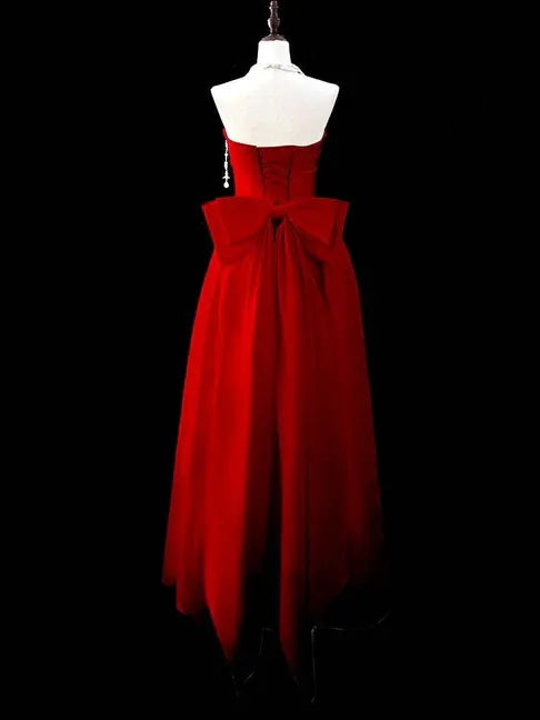 Elegant A-Line Strapless Sweetheart Red Velvet Floor-Length Evening Gown with Statement Bow
