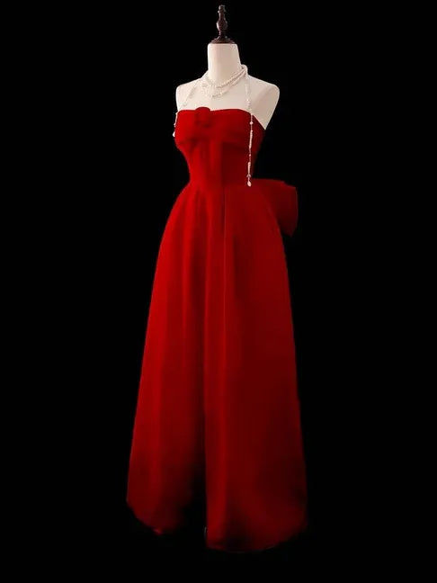 Elegant A-Line Strapless Sweetheart Red Velvet Floor-Length Evening Gown with Statement Bow