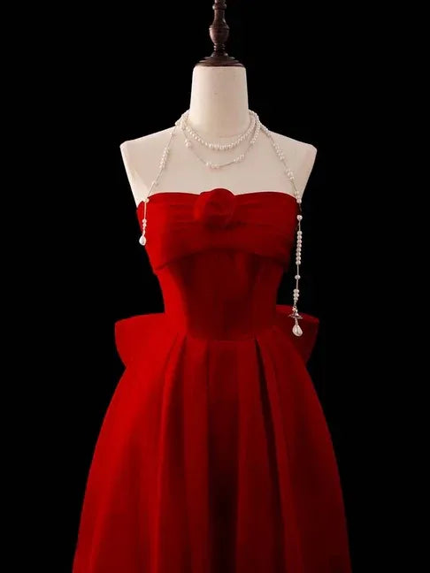 Elegant A-Line Strapless Sweetheart Red Velvet Floor-Length Evening Gown with Statement Bow
