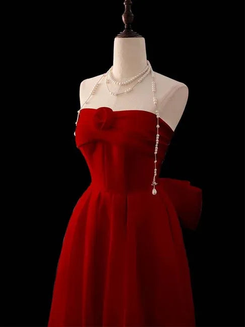 Elegant A-Line Strapless Sweetheart Red Velvet Floor-Length Evening Gown with Statement Bow