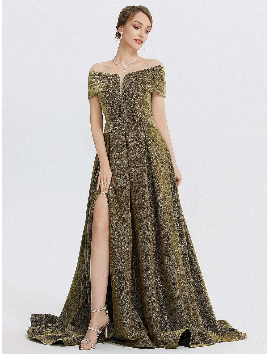Elegant Weitese A-Line evening gown with sweetheart neckline and glitter slit, front view.