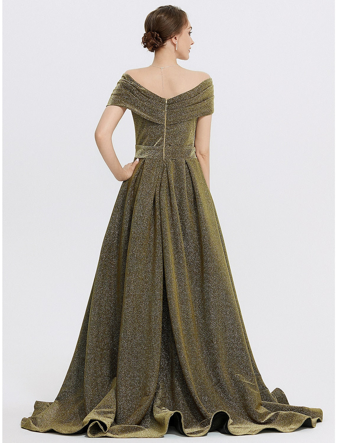 Weitese A-Line formal dress with sweetheart neckline and high glitter slit, side view.