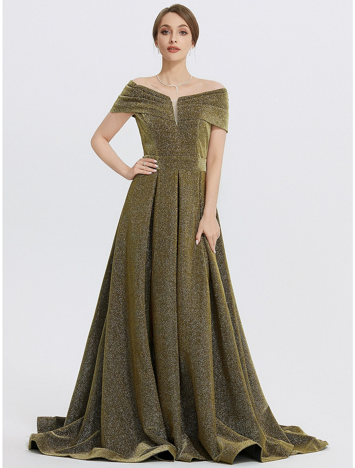 Back view of Weitese A-Line evening gown with sweep train and sleeveless design.