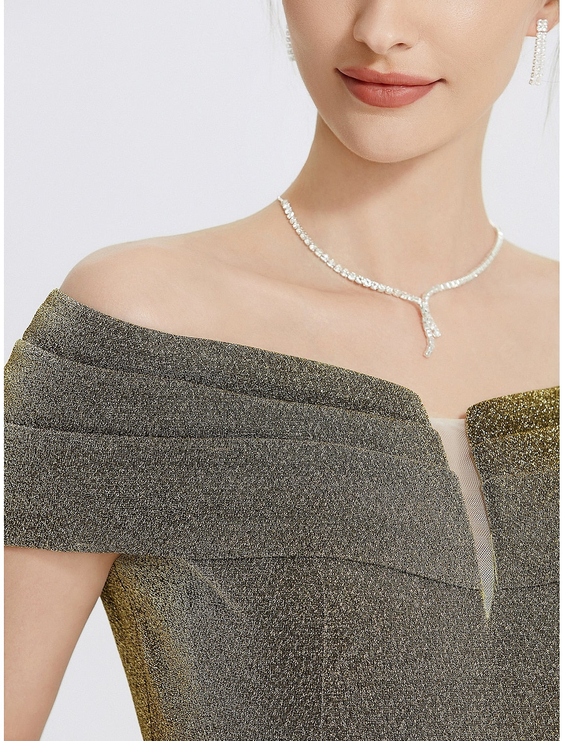Close-up of the sweetheart neckline and glitter slit on the Weitese A-Line gown.