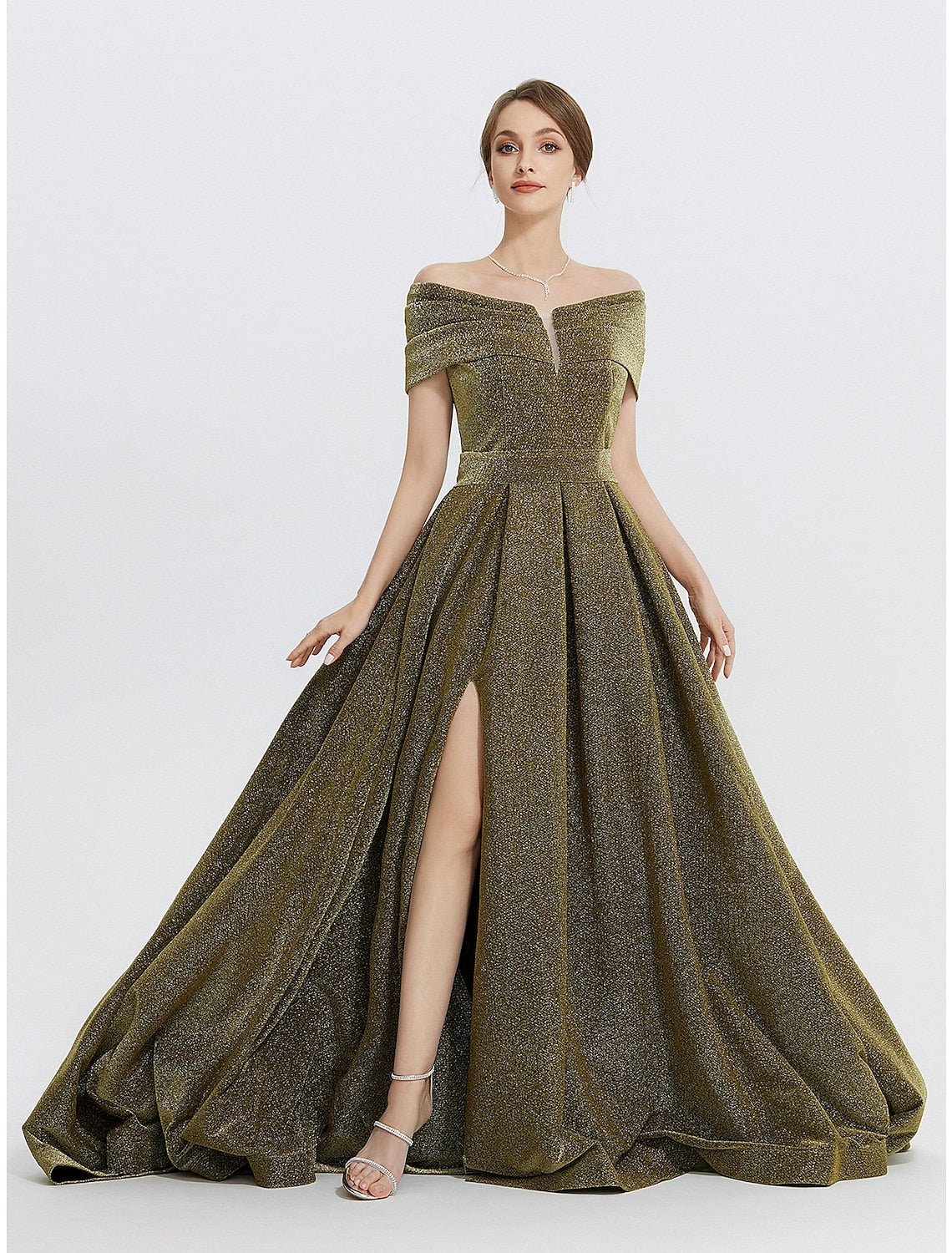 Model posing in the Weitese A-Line charmeuse evening gown with sweep train.