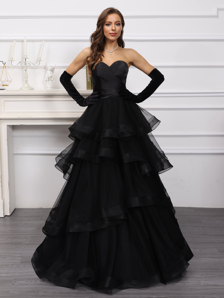 Elegant A-line sweetheart long tulle wedding dress with ruffles.