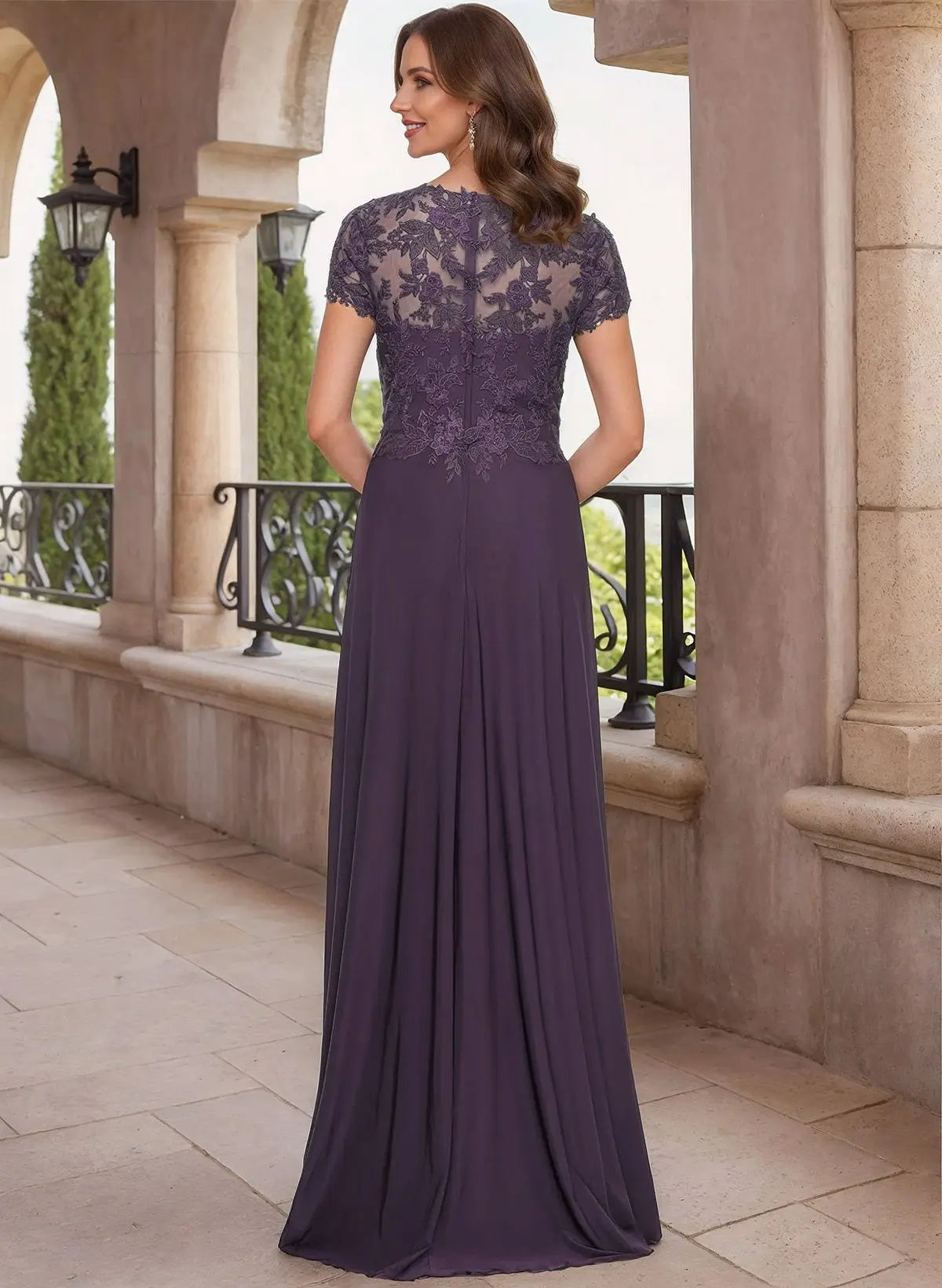 Elegant A-Line Sweetheart Neck Cap Sleeve Dark Purple Lace & Chiffon Mother of the Bride Dress