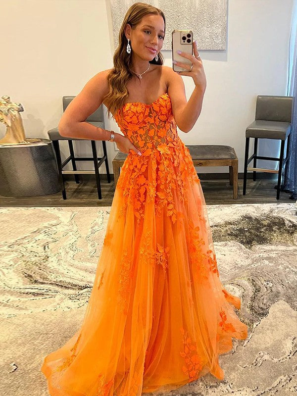 Weitese A-Line Tulle Prom Dress with Sweetheart Neckline and Appliques.