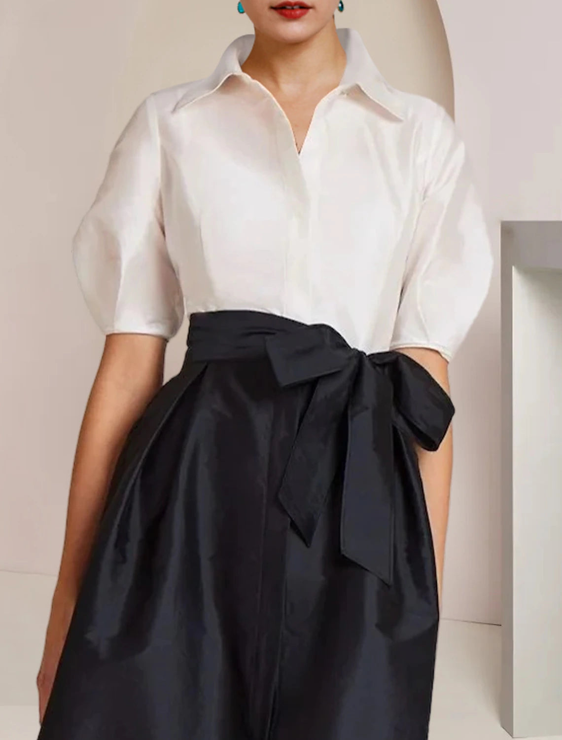 Close-up of the Weitese A-Line dress, detailing the shirt collar, short sleeve, and taffeta texture.