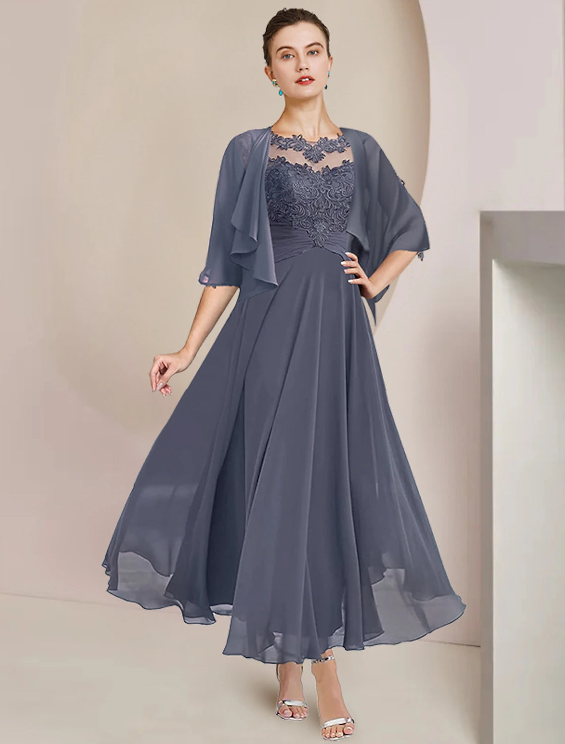 Elegant A-Line two-piece mother of the bride dress with scoop neck and 3/4 sleeves.