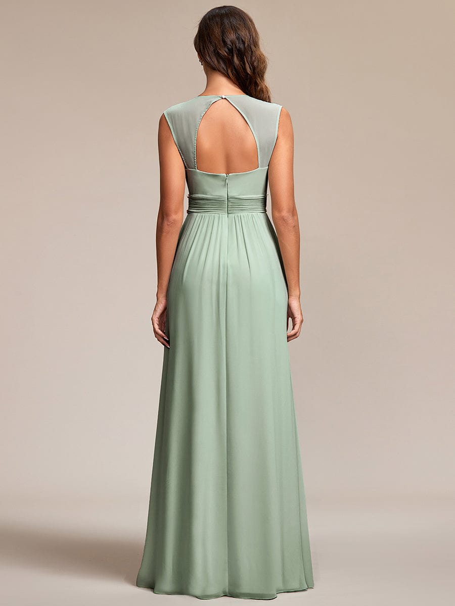 Back view of magenta A-line chiffon evening dress.