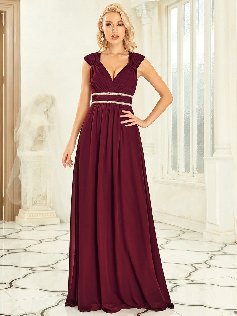 Burgundy A-line V-neck chiffon evening dress with beaded belt.