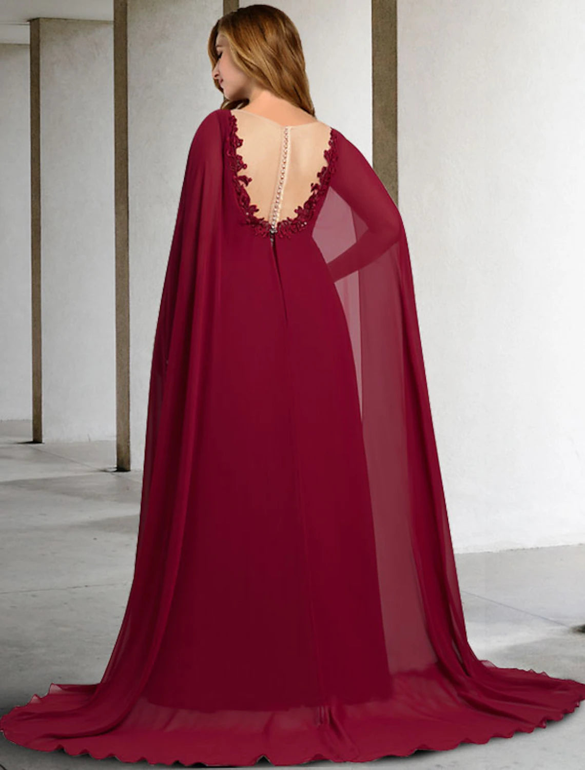 Side view of the A-line Mother of the Bride dress, showcasing the sweep train and chiffon lace details.