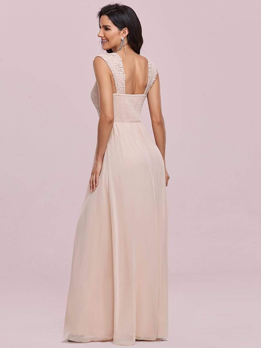 Model wearing a blue A-line chiffon bridesmaid dress, back view.
