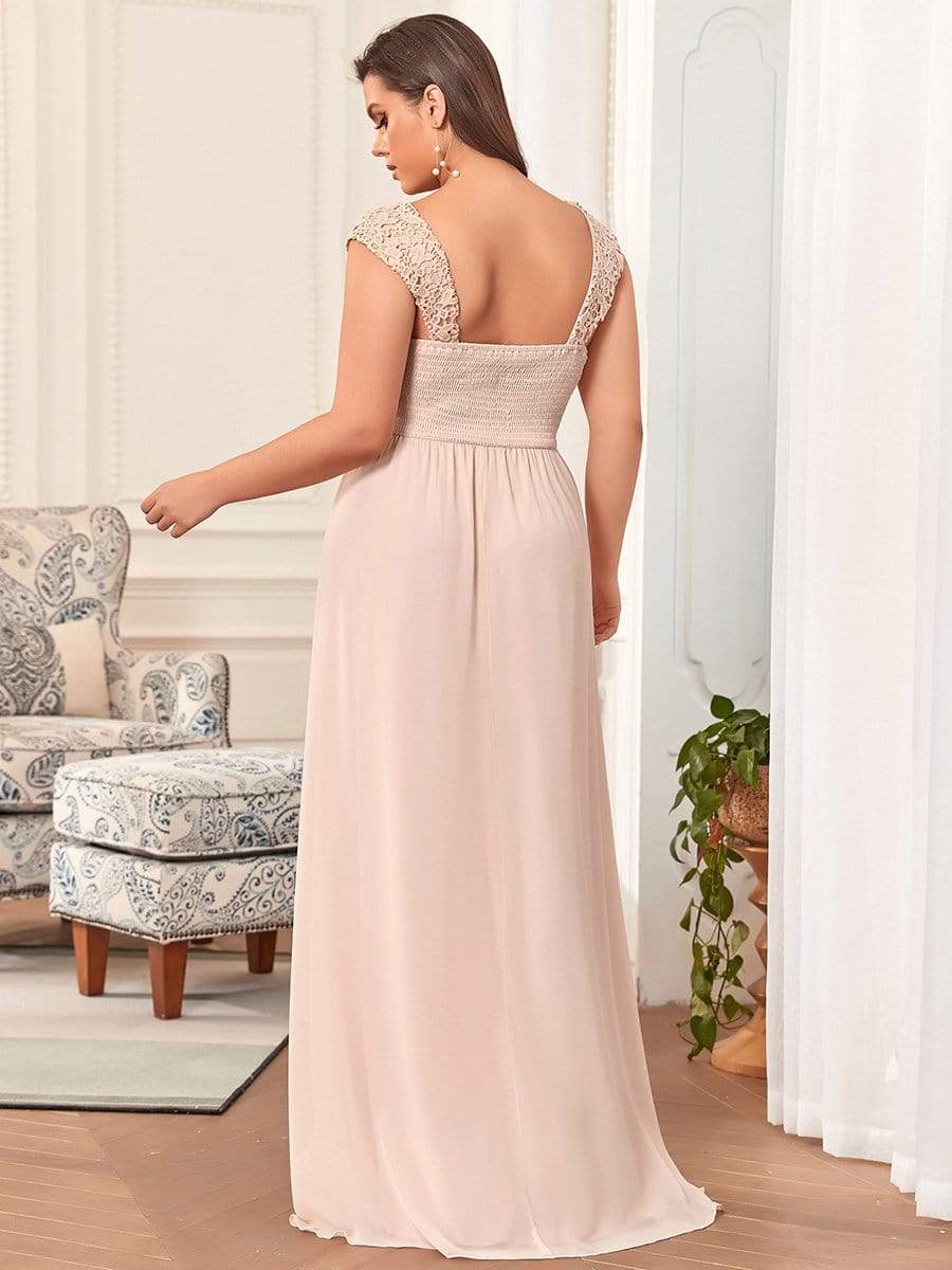 Model posing in a blue A-line chiffon bridesmaid dress.