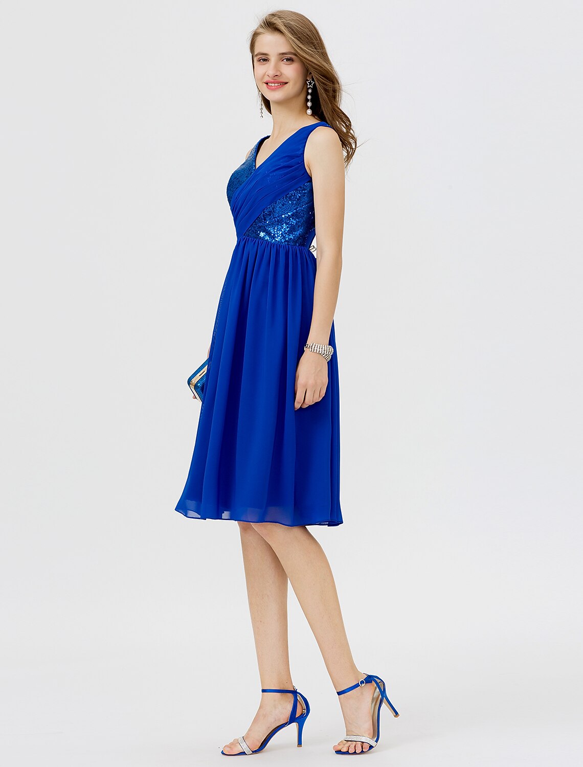 Close-up of the sequin embellishment and side draping on the Weitese chiffon dress.