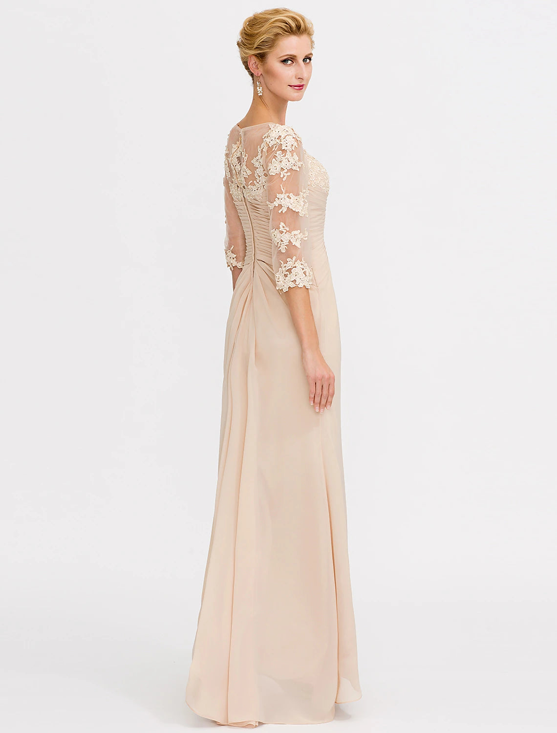 Side view of the A-line chiffon dress, highlighting the elegant side draping.
