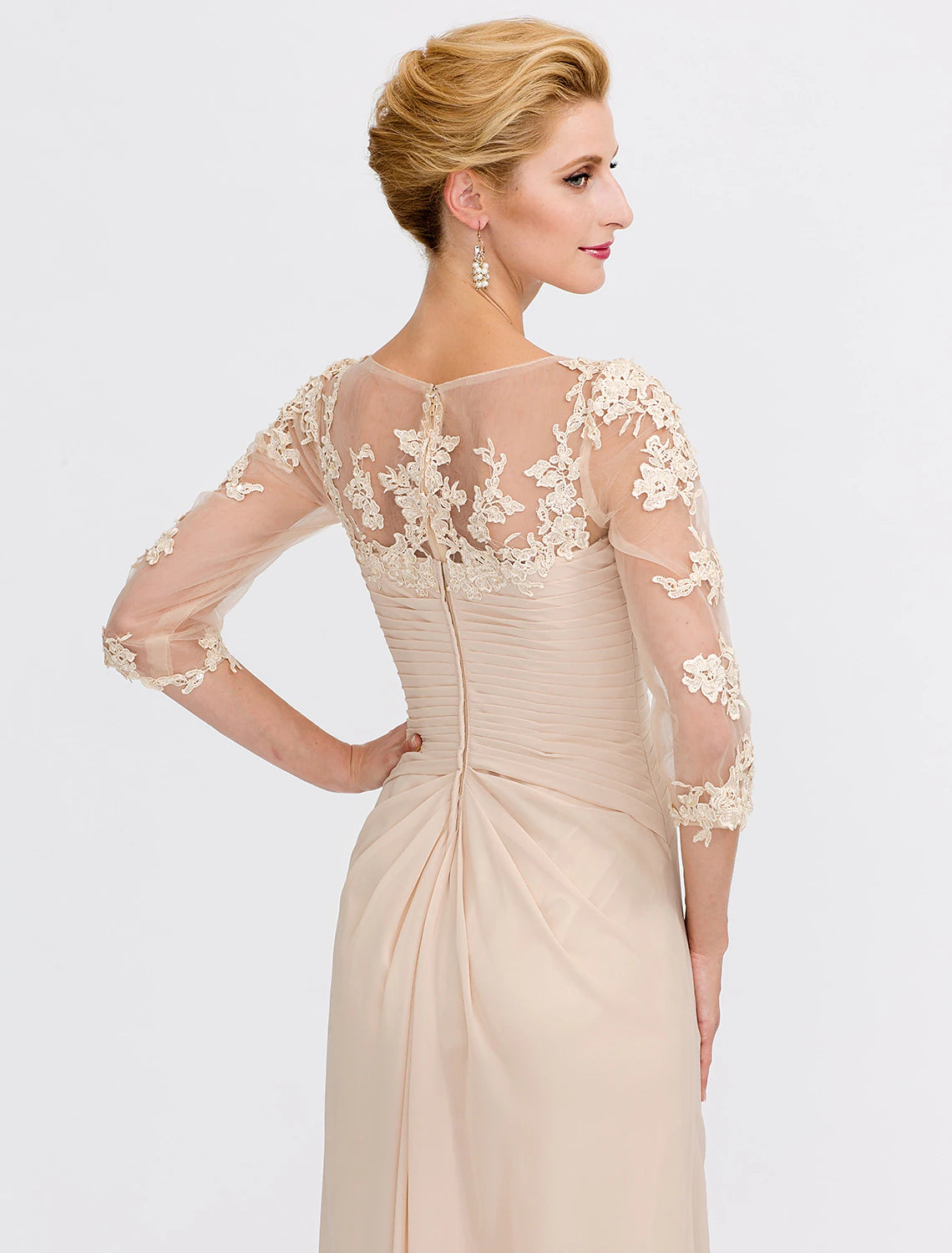 Back view of the floor-length A-line Mother of the Bride dress.