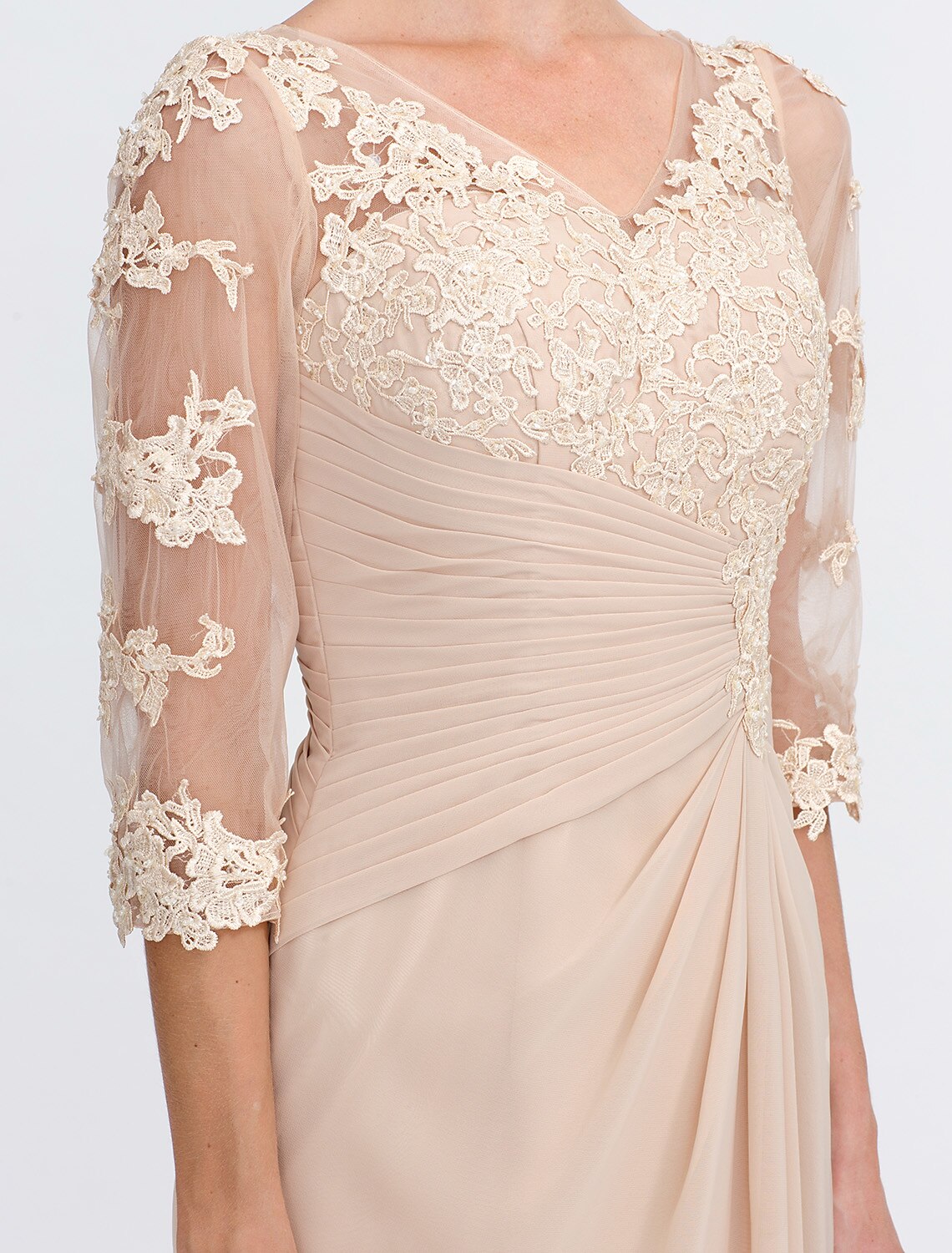 Full-length view of the elegant A-line chiffon dress for wedding guests.