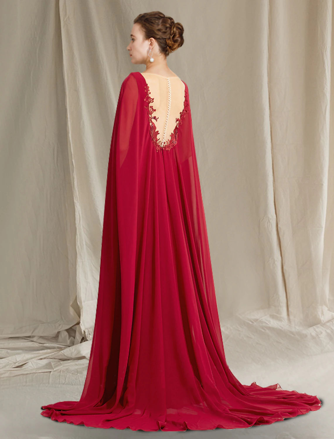 Side view of the A-Line chiffon lace gown, showcasing the sweep train.
