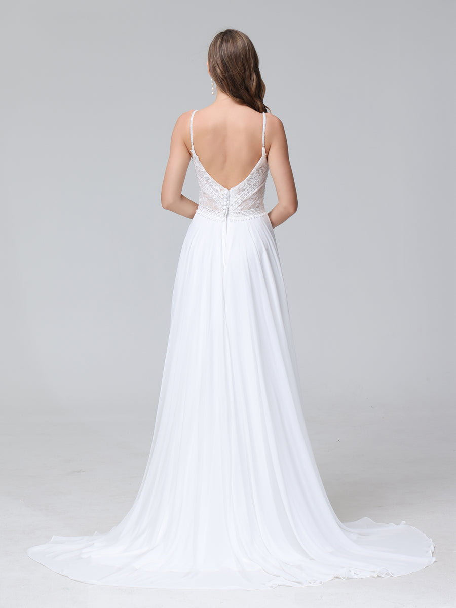 Front view of Weitese A-Line V-neck wedding dress with spaghetti straps and applique.