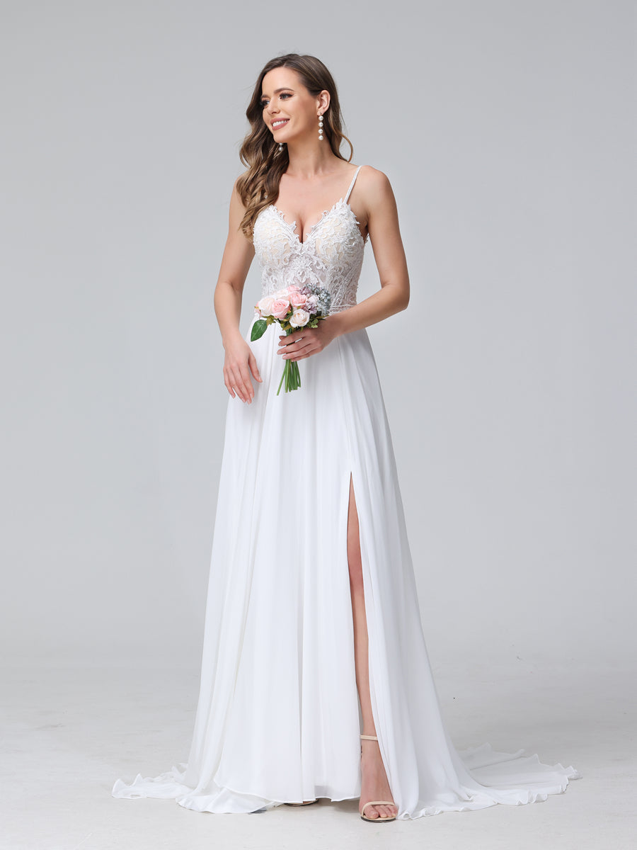 Weitese A-Line chiffon wedding dress, highlighting the V-neckline and delicate applique details.