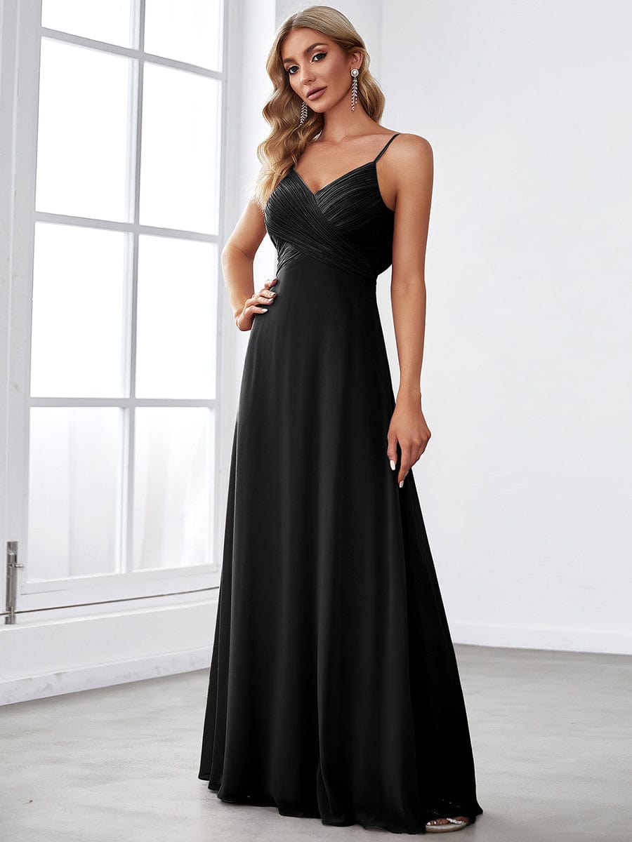 Black Weitese A-Line bridesmaid dress with V-neck and criss-cross back.