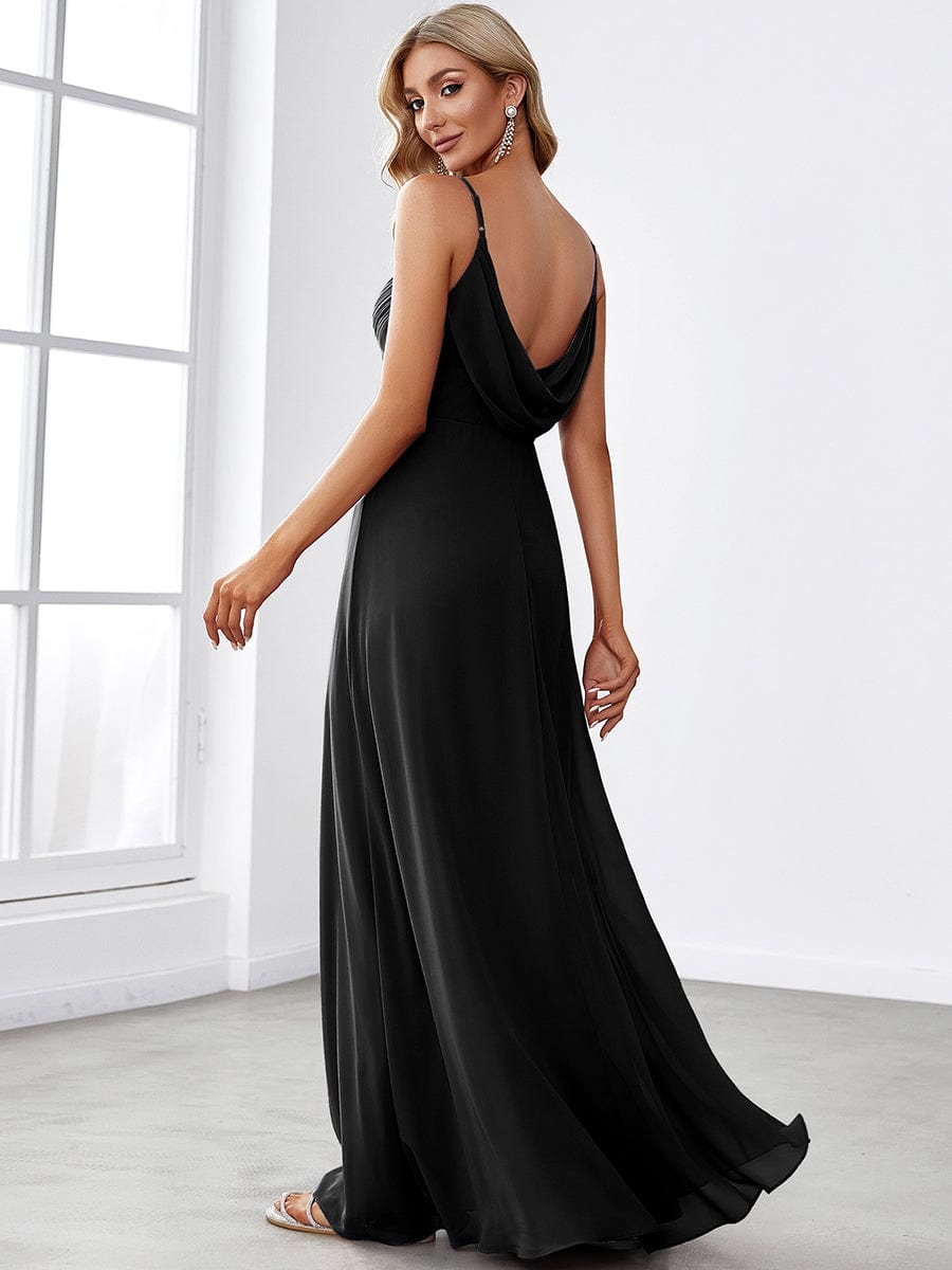 Side view of black chiffon A-Line bridesmaid dress.