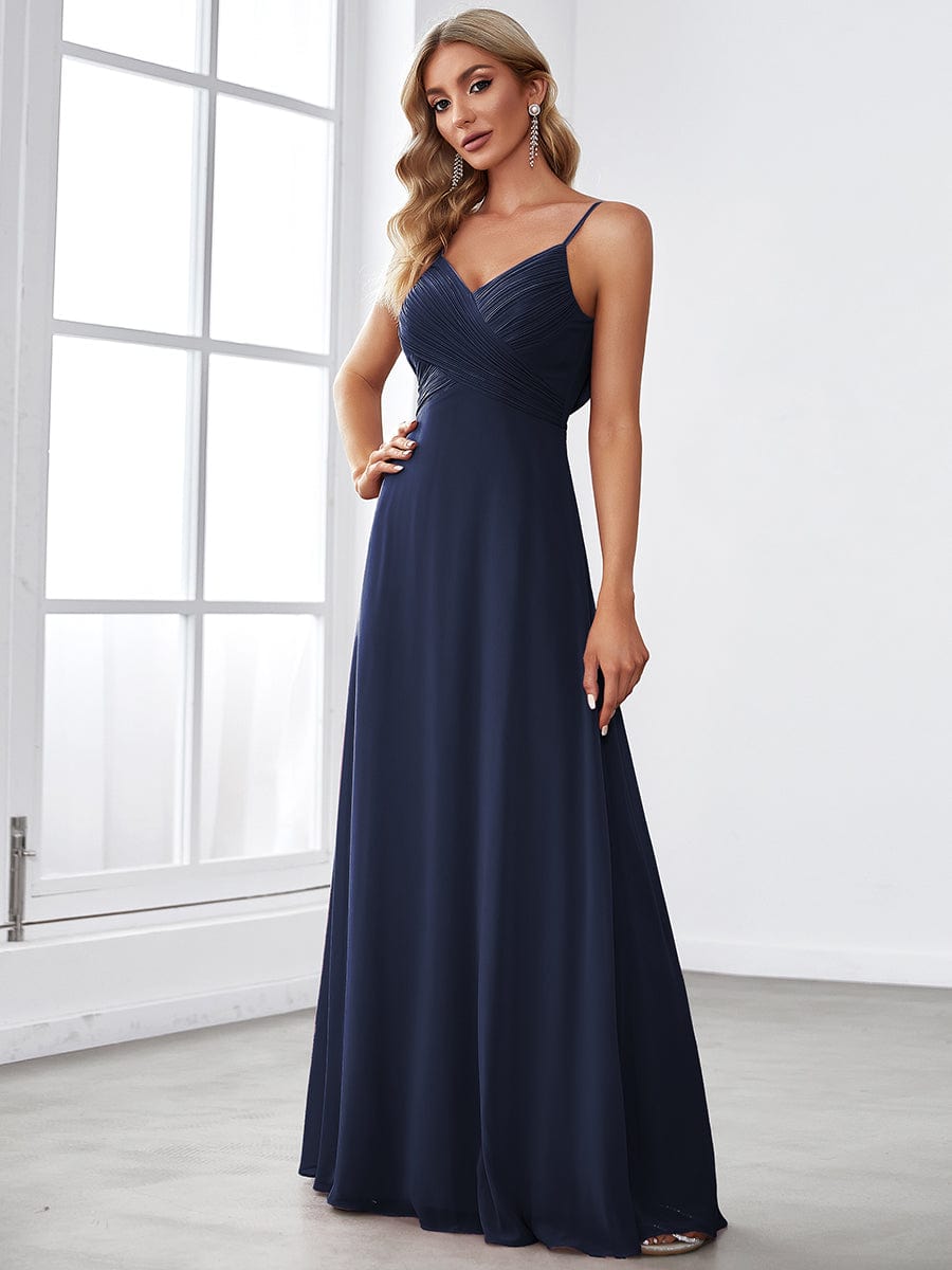 Navy blue chiffon bridesmaid gown, front view.