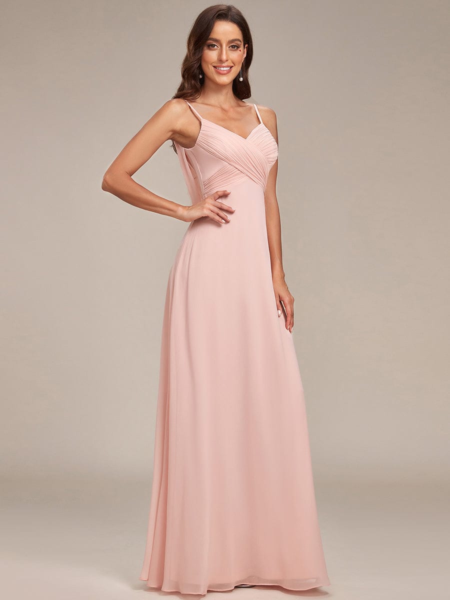 Pink A-Line V-neck bridesmaid dress.
