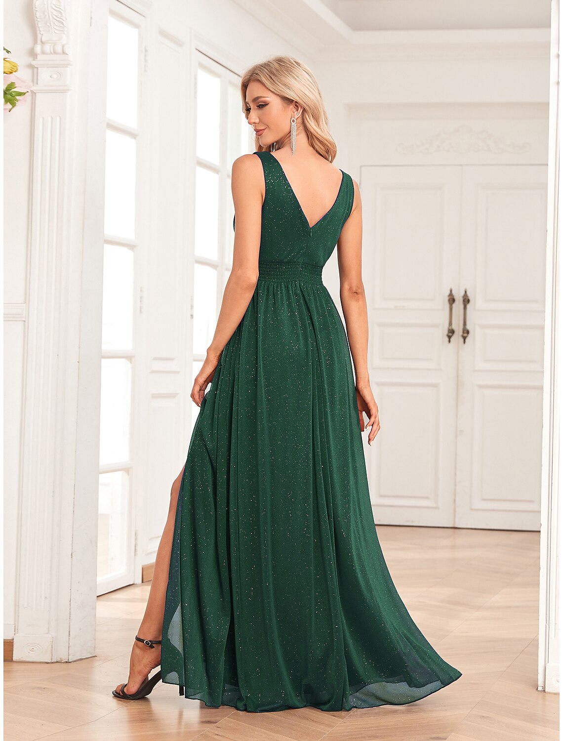 Weitese A-Line V-Neck Empire Evening Gown with glitter slit.