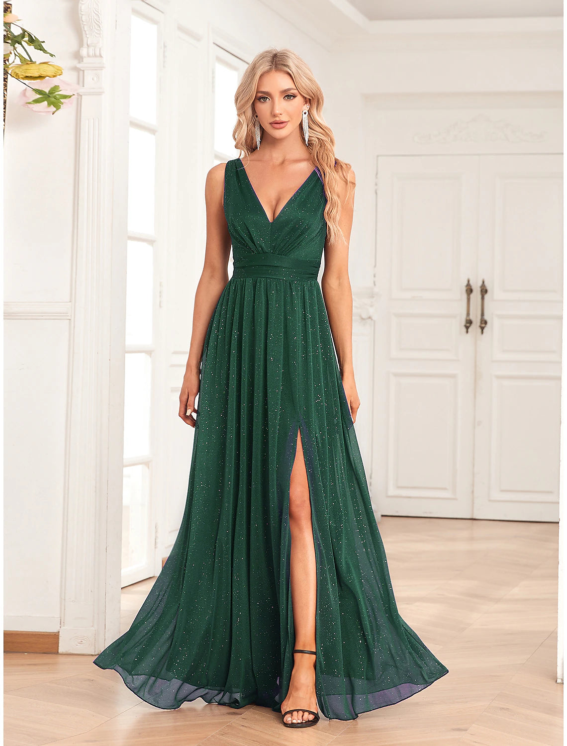 Weitese A-Line V-Neck Empire Evening Gown with glitter slit.