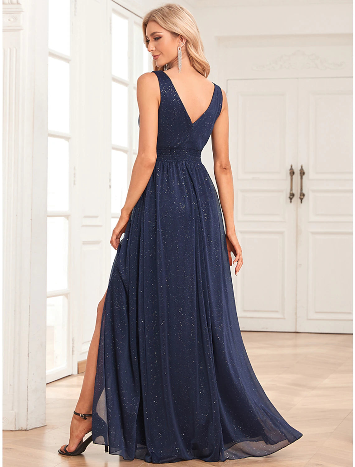 Weitese A-Line V-Neck Empire Evening Gown with glitter slit.